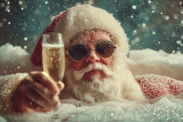 a photo of santa claus in the jacuzzi, wearing sunglasses and holding a champagne glass, with snow falling outside, capturing the christmas mood. 