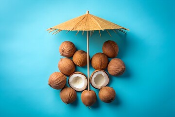 Creative Coconut Still Life with Miniature Umbrella on a Vibrant Blue Background for Summer