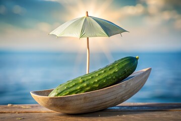 Cucumber Vacation A Miniature Umbrella Shelters a Cucumber in a Wooden Bowl by the Sea