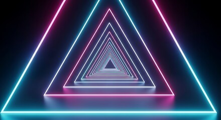 Abstract Neon Triangle Tunnel Infinite Digital Art Landscape with Futuristic Glowing Geometric Shapes