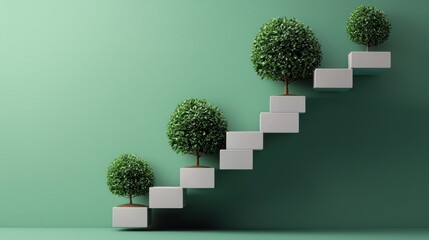 Obraz premium A green staircase with white steps and green trees on each step, leading upwards against a green wall.