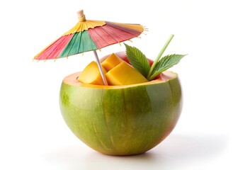 Tropical Mango Dessert Served in a Papaya Shell with Umbrella and Mint Garnish