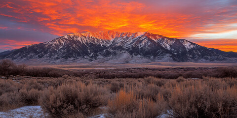 Snow-capped mountains under a vibrant orange and red sunset sky. Concept of natural beauty and majestic landscapes. For wall art photography.
