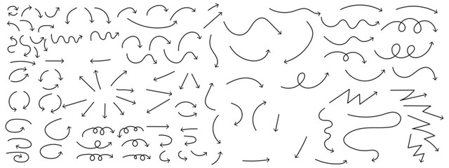 Curved Red Arrow Sign Collection. Hand Drawn Arrow Pointing Direction. Cute Red Arrow Icon.