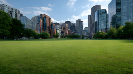 Obraz premium Expansive Green Park Lawn with a City Skyline of Modern Skyscrapers and Trees Under Blue Sky