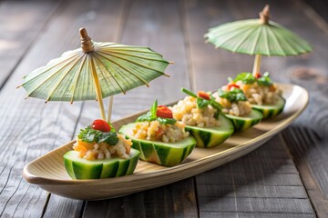 Elegant Cucumber Bites with Rice and Vegetables Topped with Miniature Paper Parasols