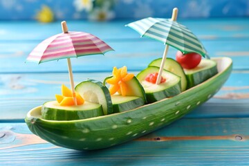 Creative Cucumber Boat Appetizer with Watermelon Yellow Bell Pepper and Paper Umbrellas