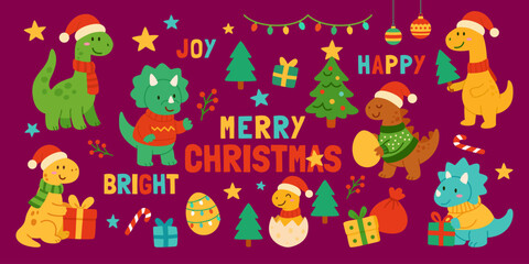 Christmas dinosaurs in Santa hats with gift boxes and festive trees. Cute holiday scene with prehistoric characters celebrating winter season in joyful style for seasonal family design projects