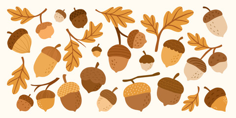Autumn oak acorns and leaves illustration with warm brown and gold tones. Cozy harvest scene with acorns seeds and oak foliage in a peaceful natural setting