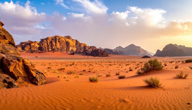 Panoramic view of a desert landscape at sunset, featuring reddish sand dunes, sparse vegetation, and rocky mountains in the background under a partly cloudy sky - Powered by Adobe