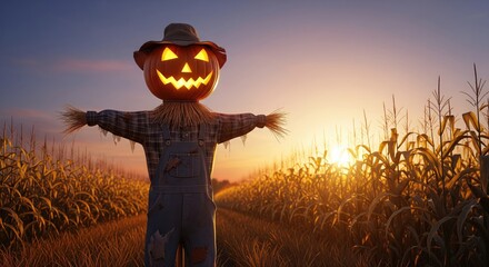 A scarecrow with a pumpkin head stands in a sunlit cornfield during autumn.