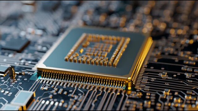 Close-up of a modern computer microchip with gold contacts and detailed surface, ideal for technology design, IT concepts, innovation and futuristic projects