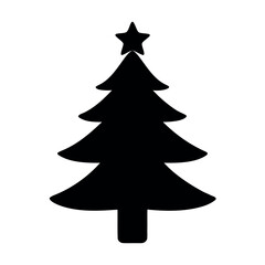 Simple black silhouette of a decorated christmas tree with a star on top