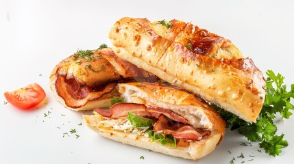 Bacon Roll on White Background – a delicious and simple culinary visual. The bacon roll on a clean white background highlights appetizing textures and savory appeal.