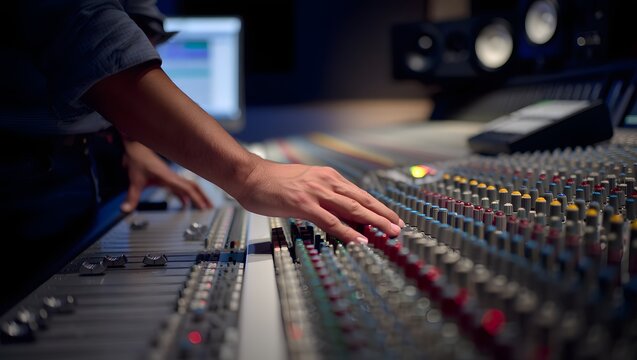 Editorial stock photo of a sound engineer adjusting multiple controls on a large audio mixing desk in a professional recording studio, studio monitors blurred in background