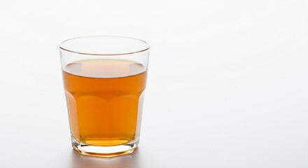 明るい光を受けて透き通るような琥珀色が美しい透明なグラスに入った冷たい飲み物静物写真. AI Generated
