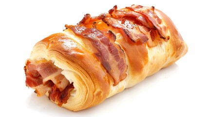 Bacon Roll on White Background – a delicious and simple culinary visual. The bacon roll on a clean white background highlights appetizing textures and savory appeal.