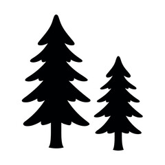 Two black silhouette evergreen trees of different sizes against a white background