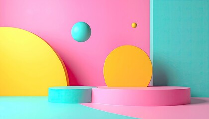 Pastel-colored geometric shapes form a vibrant, abstract display featuring platforms, spheres, and curved walls
