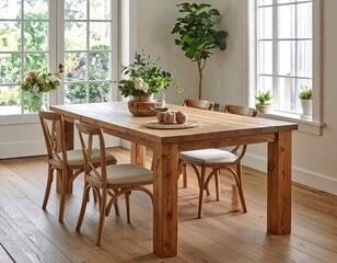 Rustic Wooden Dining Table with Cane Chairs in Bright Room