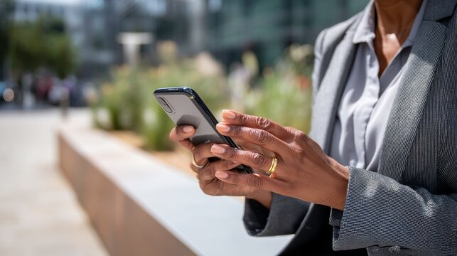 Business professional engaged with smartphone urban setting lifestyle image casual environment close-up view technology focus