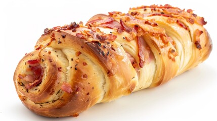 Bacon Roll on White Background – a delicious and simple culinary visual. The bacon roll on a clean white background highlights appetizing textures and savory appeal.