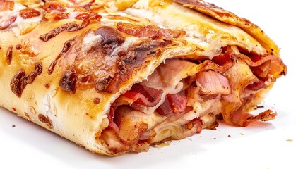 Bacon Roll on White Background – a delicious and simple culinary visual. The bacon roll on a clean white background highlights appetizing textures and savory appeal.