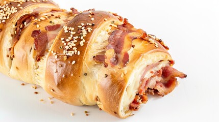 Bacon Roll on White Background – a delicious and simple culinary visual. The bacon roll on a clean white background highlights appetizing textures and savory appeal.