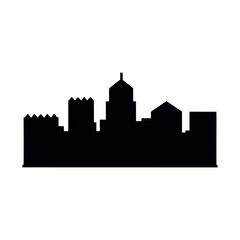 Fototapeta premium Black silhouette of a city skyline with varied architectural styles against a white background