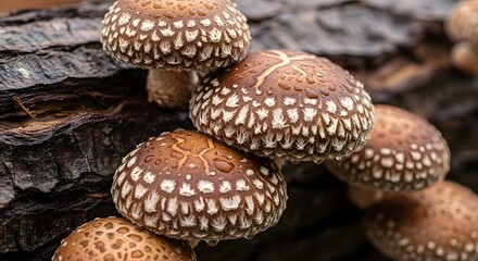 A cluster of shiitake mushrooms growing on a dark, textured log, showcasing their distinctive speckled caps and earthy tones.