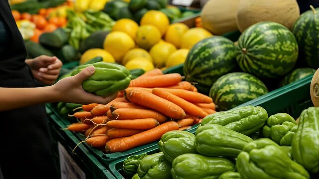 Person's hand reaching for fresh, green chayote squash amidst a vibrant display of assorted produce including carrots, melons, cucumbers, and watermelons, showcasing a healthy lifestyle
