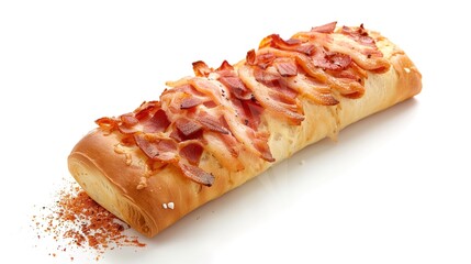 Bacon Roll on White Background – a delicious and simple culinary visual. The bacon roll on a clean white background highlights appetizing textures and savory appeal.