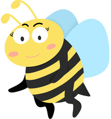 Cute cartoon bumblebee with big eyes, rosy cheeks, and blue wings. Adorable insect illustration perfect for children designs, spring themes, and playful nature projects.
