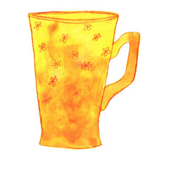 A colorful mug with a retro-style watercolor painting. Hand-painted ceramic dishes. Multicolored dishes on a white background.