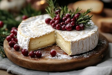 Piece of cheese with cran and cran on wooden board.