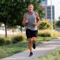 Running man in urban park fitness activity outdoor environment dynamic perspective healthy lifestyle