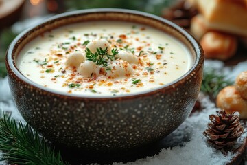 Cream soup in bowl with cream on table.