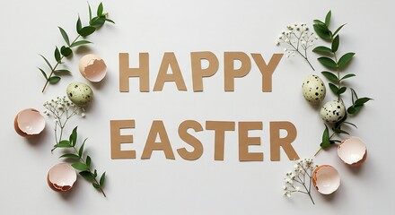 Rustic "Happy Easter" Message with Eucalyptus Leaves, Eggshells, and Quail Eggs on White Background