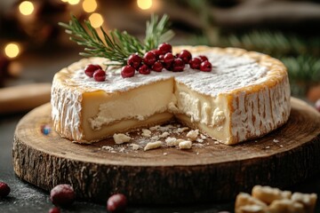 Cran cheese and cranberries garnish a cheese wheel on a wooden board.