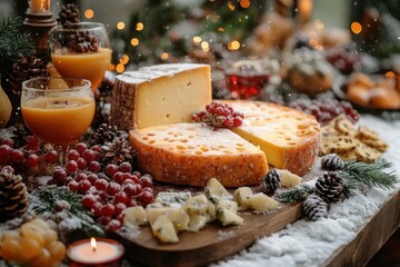 Wooden tray with assorted cheeses and accompaniments.