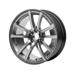 Obraz premium Polished alloy wheel showcases a modern, metallic design with multiple spokes radiating from the central hub against a black background, demonstrating precision engineering and automotive component...