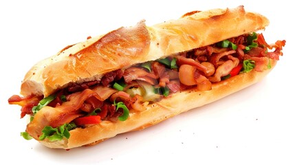 Bacon Roll on White Background – a delicious and simple culinary visual. The bacon roll on a clean white background highlights appetizing textures and savory appeal.