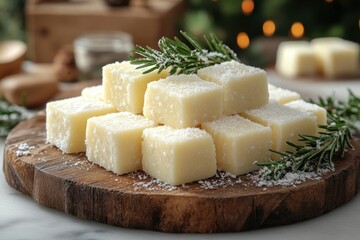 Cubes of white cheese on a wooden cutting board.