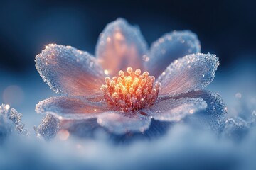 Frost-covered flower glistening in water.