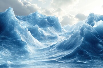 A large group of icebergs floating in the ocean.