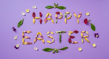 "Happy Easter" Message Crafted from Colorful Flower Petals and Green Leaves on Purple Background