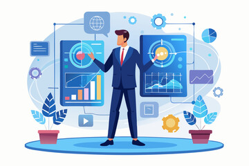 
Modern digital workspace showing artificial intelligence technology with holographic data analytics and virtual dashboards. A professional working on a laptop surrounded by futuristic AI visualizatio