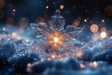 Snowflake against dark background.
