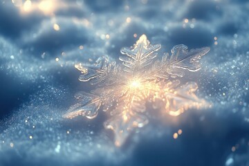 Snowflakes falling gently on a snowy forest floor.