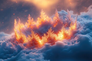 Bright orange and yellow light shining on a snow-covered landscape.